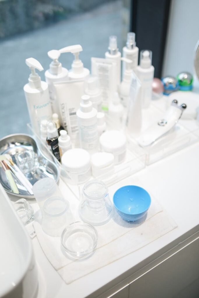 pexels-photo-3736399-3736399 A clean and organized display of skin care products and beauty tools in a salon setting.